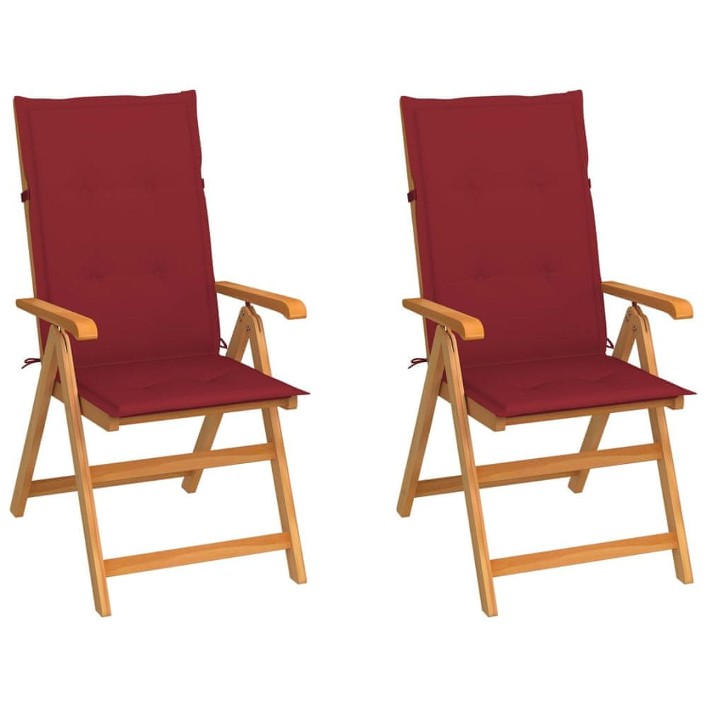 Vidaxl Záhradné stoličky 2 ks, vínovo červené podložky, tíkový masív